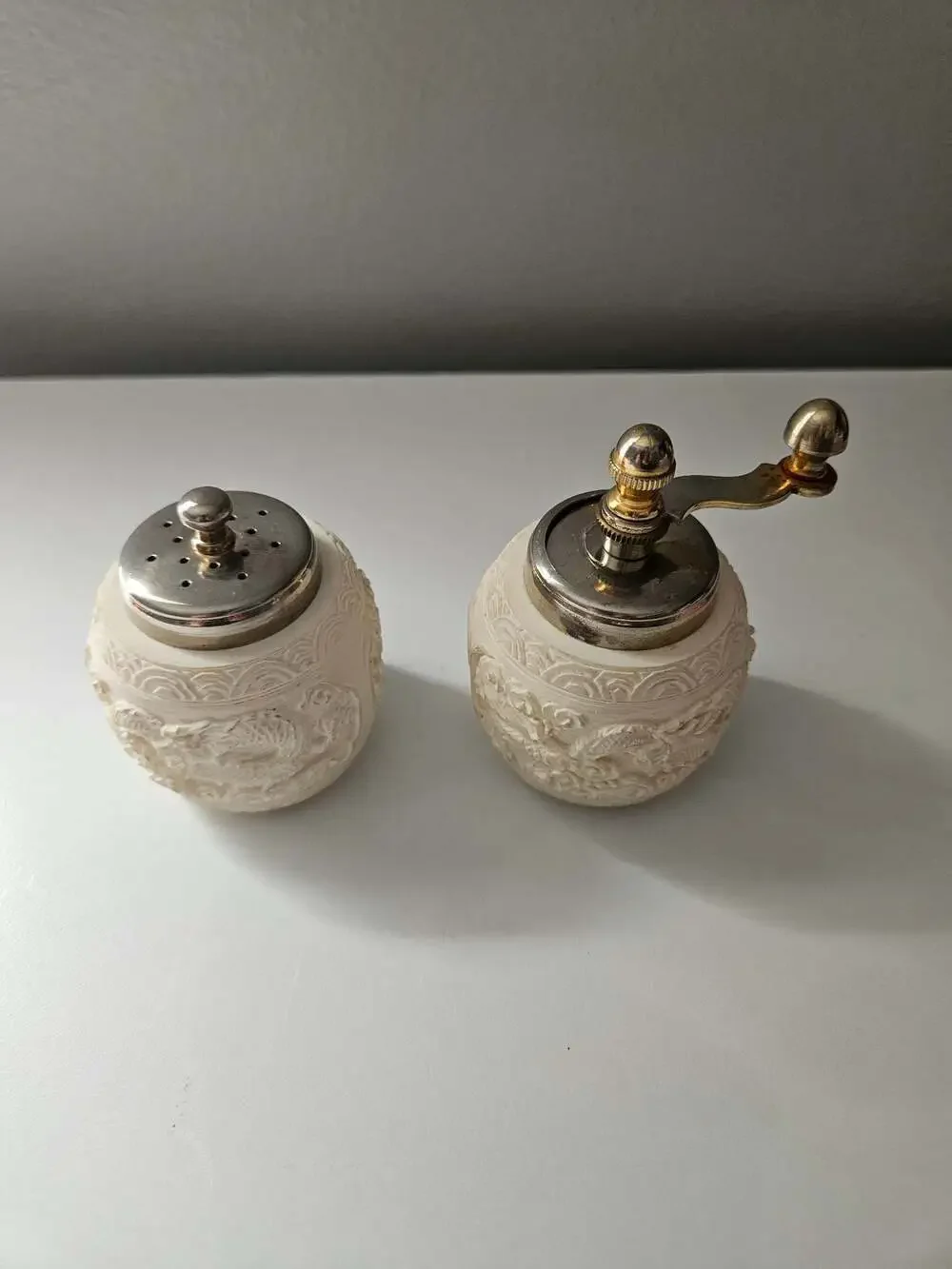 Vintage Italian Carved Faux Bone/Resin Dragon Motif Salt and Pepper Grinder Set